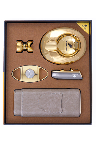 Cohiba Çakmak Kesici Kılıf Küllük Sehpa Beşli Gold - Gümüş Puro Seti