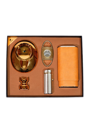 Cohiba Çakmak Kesici Küllük Kılıf Sehpa Gold-Gümüş Beşli Puro Seti
