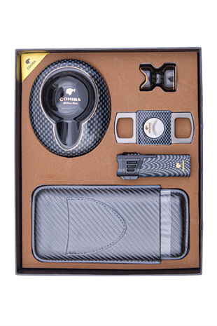 Cohiba Çakmak Kesici Kılıf Küllük Sehpa Beşli Karbon Desenli Puro Seti