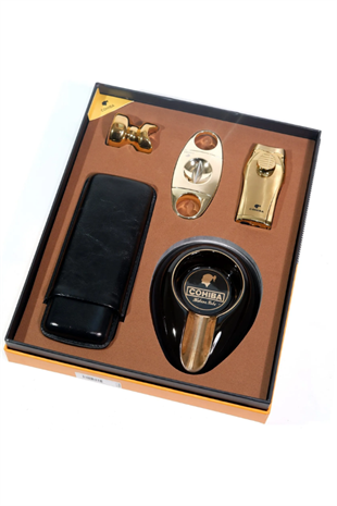 Cohiba Çakmak Kesici Küllük Kılıf Sehpa Beşli Siyah - Gold Puro Seti
