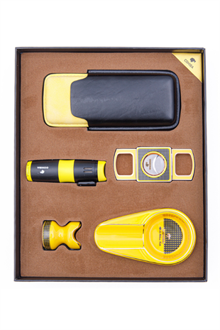 Cohiba Çakmak Kesici Kılıf Küllük Sehpa Beşli Sarı - Siyah Puro Seti