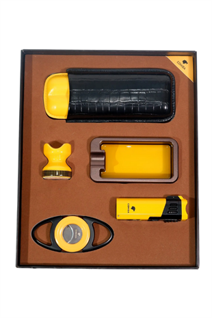 Cohiba Çakmak Kesici Küllük Kılıf Sehpa Beşli Sarı Puro Seti