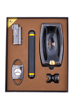 Cohiba Çakmak Kesici Tüp Küllük Sehpa Beşli Siyah Puro Seti