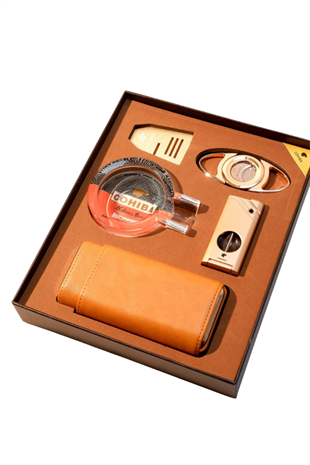 Cohiba Çakmak Kesici Küllük Kılıf Sehpa Beşli Rose Gold Puro Seti