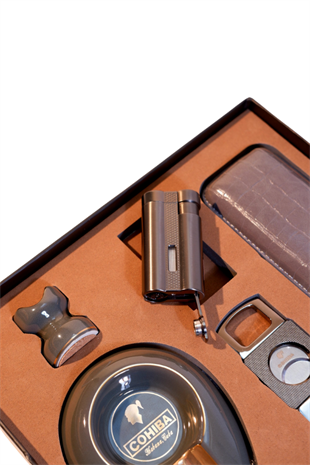 Cohiba Çakmak Kesici Küllük Kılıf Sehpa Beşli Gunmetal Puro Seti