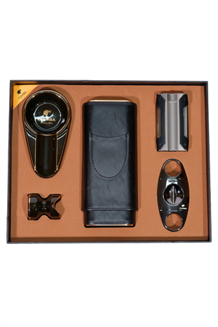 Cohiba Çakmak Kesici Küllük Kılıf Sehpa Siyah Beşli Puro Seti