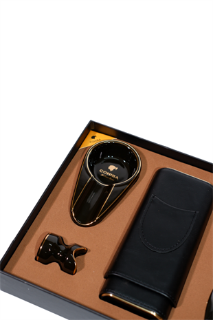 Cohiba Çakmak Kesici Küllük Kılıf Sehpa Siyah Beşli Puro Seti