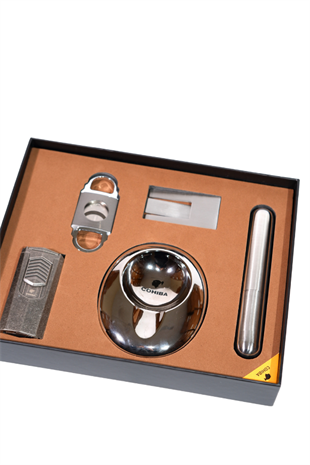 Cohiba Çakmak Kesici Küllük Sehpa Tüp Gümüş Beşli Puro Seti