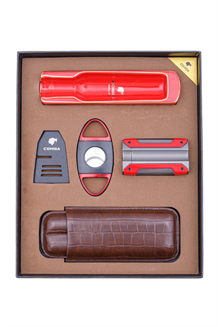 Cohiba Çakmak Kesici Kılıf Küllük Sehpa Beşli Kırmızı Puro Seti