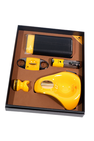 Cohiba Çakmak Kesici Küllük Kılıf Sehpa Beşli Sarı Puro Seti