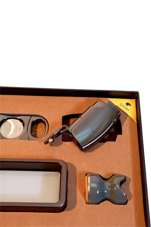 Cohiba Çakmak Kesici Küllük Kılıf Sehpa Beşli Gümüş - Siyah Puro Seti