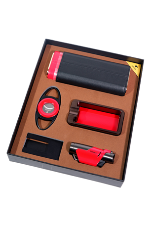 Cohiba Çakmak Kesici Küllük Kılıf Sehpa Beşli Kırmızı - Siyah Puro Seti