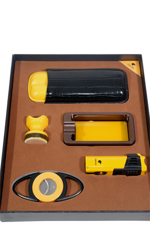 Cohiba Çakmak Kesici Küllük Kılıf Sehpa Beşli Sarı - Siyah Puro Seti