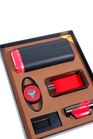 Cohiba Çakmak Kesici Küllük Kılıf Sehpa Beşli Kırmızı - Siyah Puro Seti