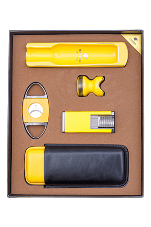 Cohiba Çakmak Kesici Kılıf Küllük Sehpa Beşli Sarı Puro Seti