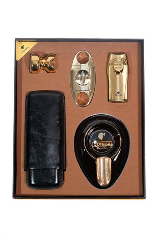 Cohiba Çakmak Kesici Küllük Kılıf Sehpa Beşli Siyah - Gold Puro Seti
