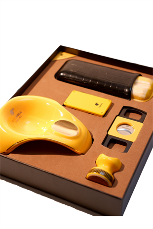 Cohiba Çakmak Kesici Küllük Kılıf Sehpa Beşli Sarı Puro Seti