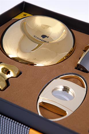 Cohiba Çakmak Kesici Kılıf Küllük Sehpa Beşli Gold - Gümüş Puro Seti