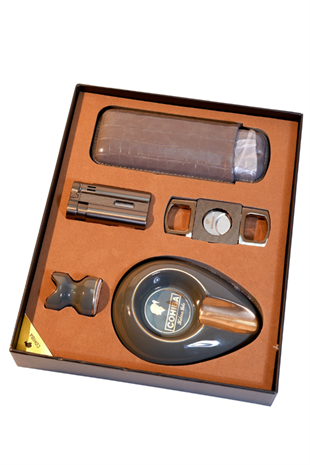 Cohiba Çakmak Kesici Küllük Kılıf Sehpa Beşli Gunmetal Puro Seti