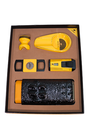 Cohiba Çift Torch Pürmüz Çakmak Kılıf Küllük Kesici Sehpa Sarı Beşli Puro Seti