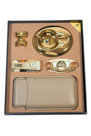 Cohiba Çift Torch Çakmak Kesici Küllük Tutucu Kılıf Gold Beşli Puro Seti