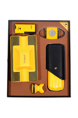 Cohiba Çakmak Kesici Küllük Kılıf Sehpa Beşli Sarı - Siyah Puro Seti