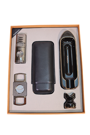 Parmida 3 Torch Pürmüz Çakmak Kılıf Küllük Kesici Sehpa Gunmetal Siyah Beşli Puro Seti