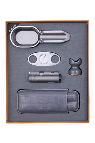 Parmida Çakmak Kesici Kılıf Küllük Sehpa Beşli Gri Puro Seti