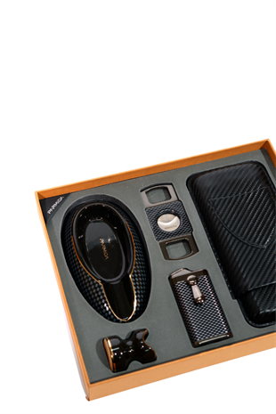 Parmida Çakmak Kesici Küllük Kılıf Sehpa Karbon Desenli Beşli Puro Seti