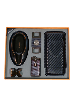 Parmida Çakmak Kesici Küllük Kılıf Sehpa Karbon Desenli Beşli Puro Seti