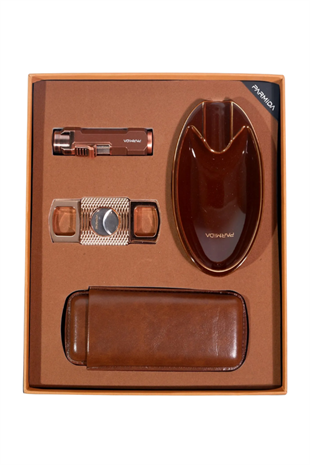 Parmida Çakmak Kesici Küllük Kılıf Dörtlü Kahverengi Puro Seti