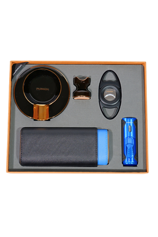 Parmida Çakmak Kesici Küllük Kılıf Sehpa Siyah-Mavi Beşli Puro Seti