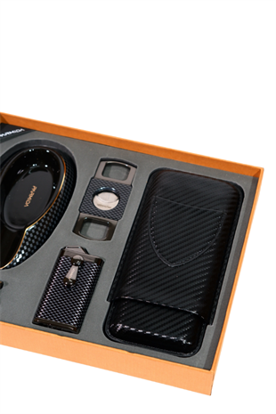 Parmida Çakmak Kesici Küllük Kılıf Sehpa Karbon Desenli Beşli Puro Seti