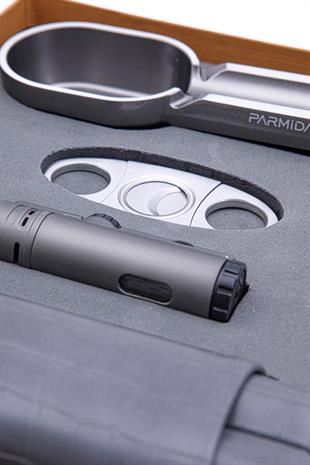 Parmida Çakmak Kesici Kılıf Küllük Sehpa Beşli Gri Puro Seti