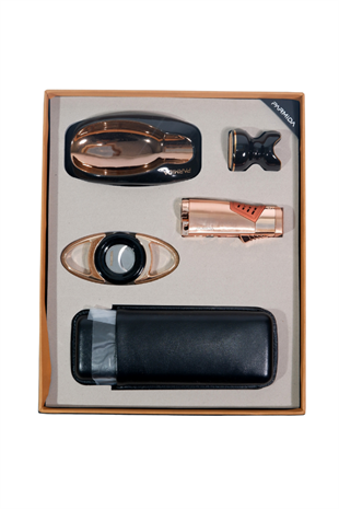 Parmida Çakmak Kesici Küllük Kılıf Sehpa Beşli Siyah - Gold Puro Seti