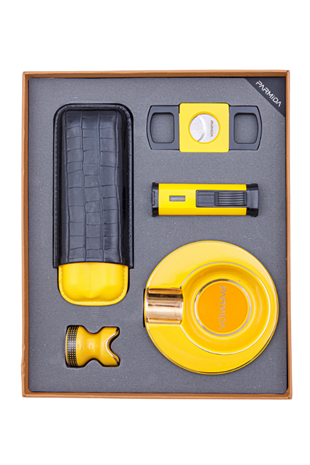 Parmida Çakmak Kesici Kılıf Küllük Sehpa Beşli Sarı Puro Seti