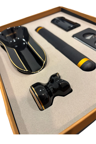 Parmida Çakmak Kesici Küllük Kılıf Delici Siyah Beşli Puro Seti