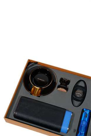 Parmida Çakmak Kesici Küllük Kılıf Sehpa Siyah-Mavi Beşli Puro Seti