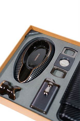 Parmida Çakmak Kesici Küllük Kılıf Sehpa Karbon Desenli Beşli Puro Seti