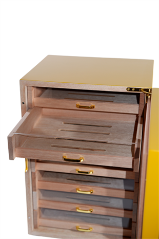 Cohiba Sarı-Gri Nokta Desenli 7 Çekmeceli Sedir Humidor Puro Kutusu