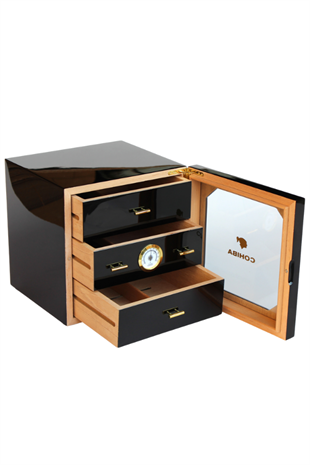 Cohiba 3 Çekmeceli Sedir Humidor Puro Kutusu Siyah