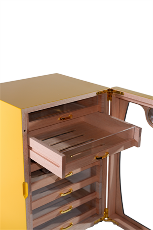 Cohiba Sarı-Gri Nokta Desenli 7 Çekmeceli Sedir Humidor Puro Kutusu