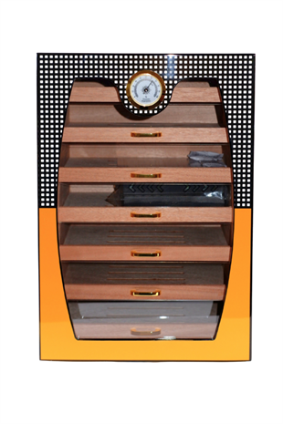 Cohiba Sarı-Gri Nokta Desenli 7 Çekmeceli Sedir Humidor Puro Kutusu