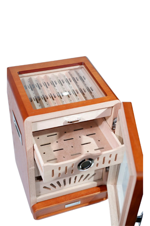PremiumQuality Ahşap Aksesuar Çekmeceli Camlı Sedir Humidor Puro Kutusu