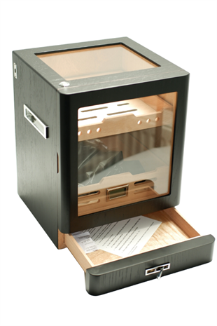 PremiumQuality Sucre Aksesuar Çekmeceli İçi Ledli Siyah Sedir Humidor Puro Kutusu