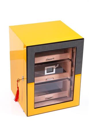 PremiumQuality Sarı Cohiba Desenli 4 Çekmeceli Sedir Humidor Puro Kutusu