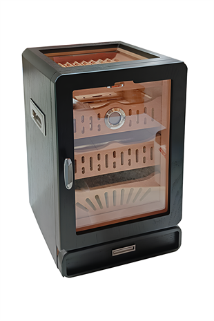 PremiumQuality Siyah Aksesuar Çekmeceli Camlı Sedir Humidor Puro Kutusu