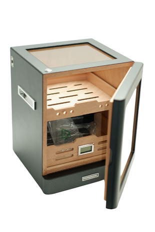 PremiumQuality Sucre Aksesuar Çekmeceli İçi Ledli Karbon Desenli Sedir Humidor Puro Kutusu