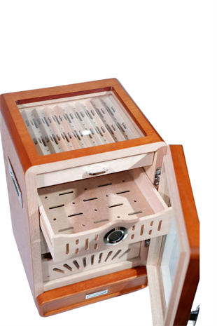 PremiumQuality Ahşap Aksesuar Çekmeceli Camlı Sedir Humidor Puro Kutusu
