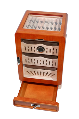 PremiumQuality Ahşap Aksesuar Çekmeceli Camlı Sedir Humidor Puro Kutusu